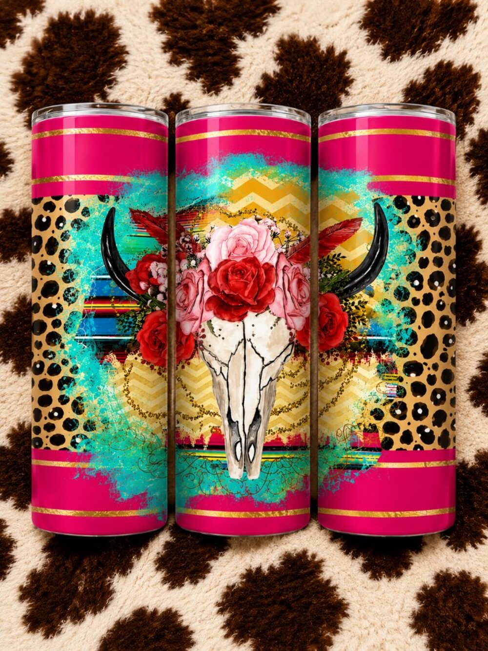Pink Animal Print Bull Skull 20oz Skinny Tumbler Insulated Cup